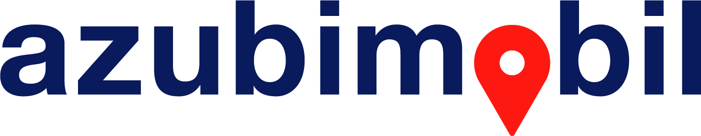 Logo von azubimobil mit blauem Schriftzug und rotem Standort-Pin als Buchstabe O