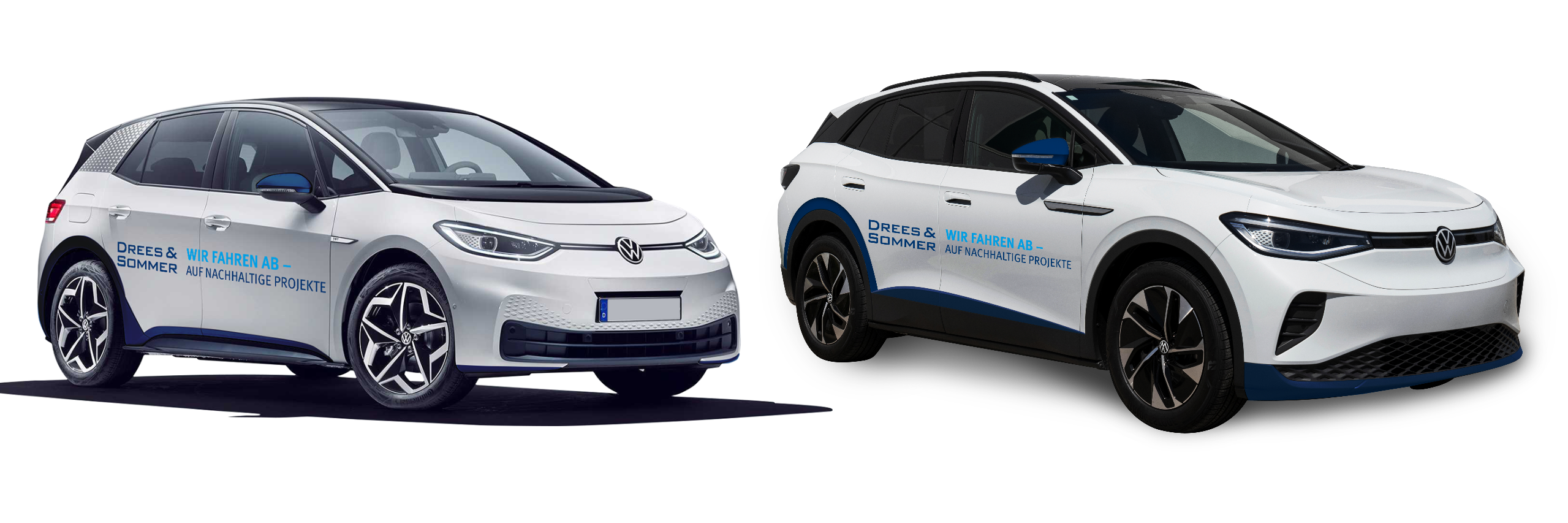 Zwei weiße VW ID. Elektroautos mit Drees & Sommer Logo.