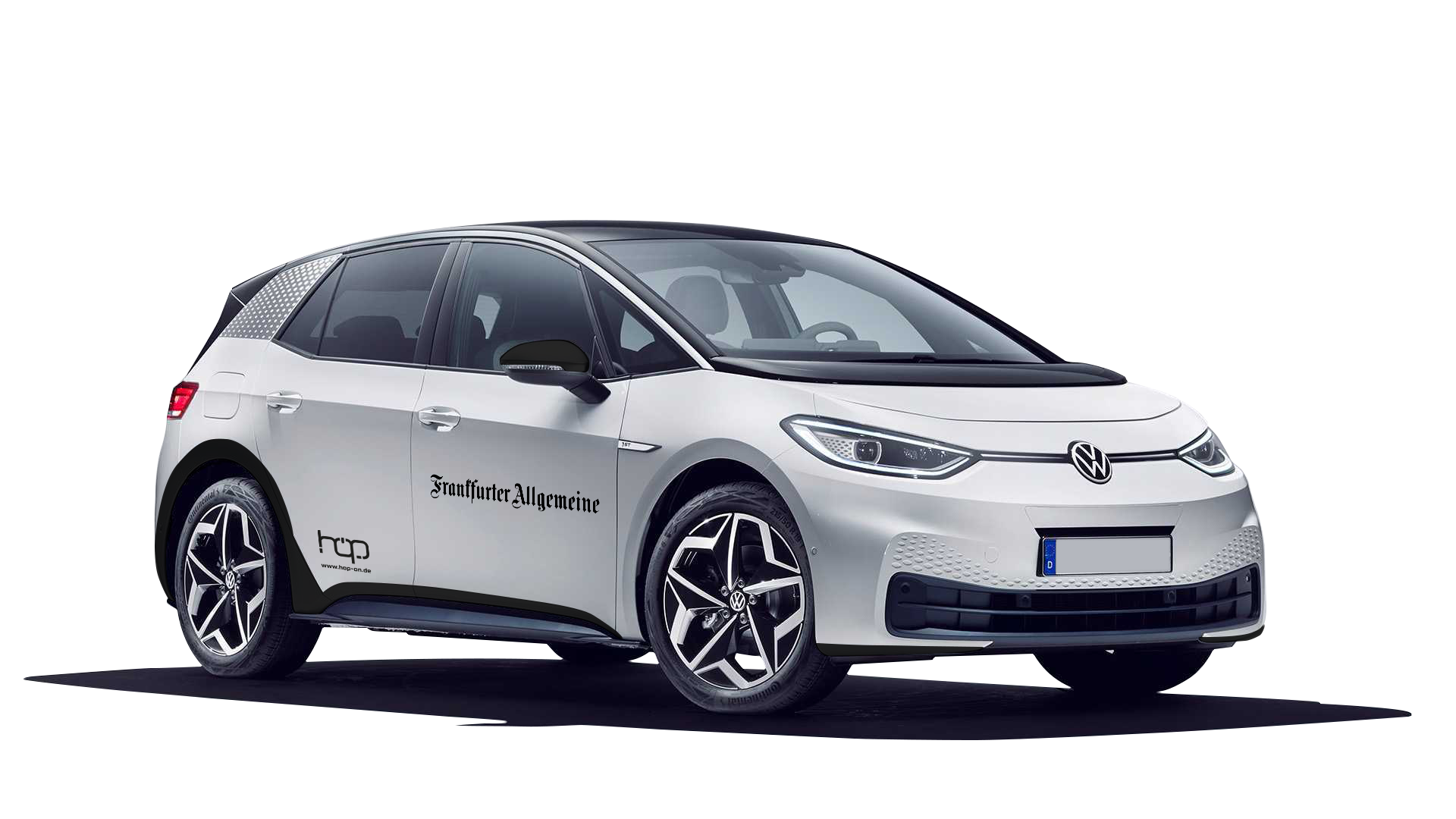 Weißer VW ID.3 mit dem Frankfurter Allgemeine Logo sowie dem Hop on Logo.