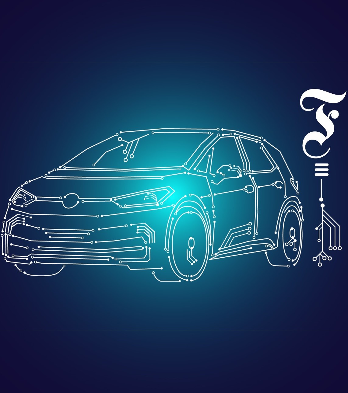 Illustration eines Elektroautos aus digitalen Schaltkreismustern, auf dunkelblauem Hintergrund mit FAZ-Logo. ?>
