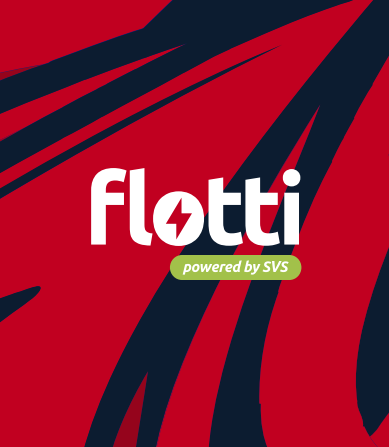 Logo von flotti mit Blitzsymbol im Buchstaben ‚o‘ und Zusatz ‚powered by SVS‘ auf rotem Hintergrund mit schwarzen Elementen. ?>