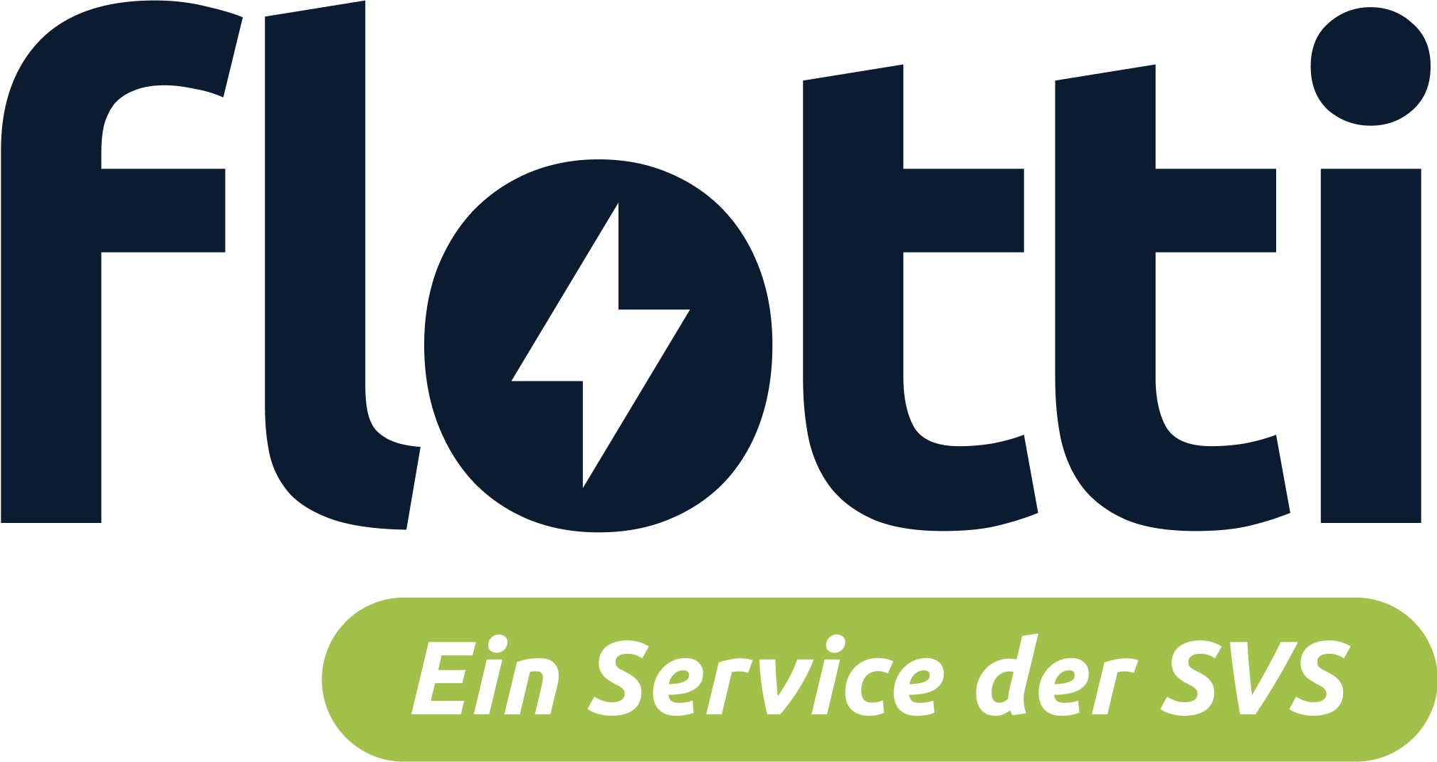 Logo von flotti mit Blitzsymbol im Buchstaben ‚o‘ und dem Zusatz ‚Ein Service der SVS‘ auf grünem Hintergrund.
