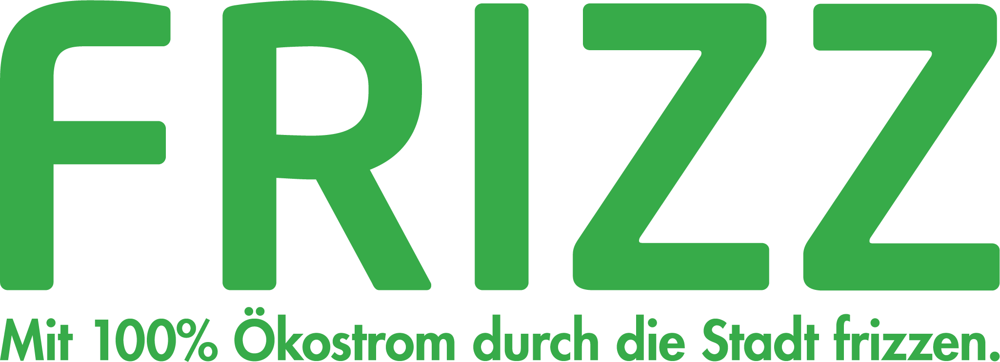 Logo des Carsharing-Angebots FRIZZ mit grünem Schriftzug und Slogan „Mit 100% Ökostrom durch die Stadt frizzen.“