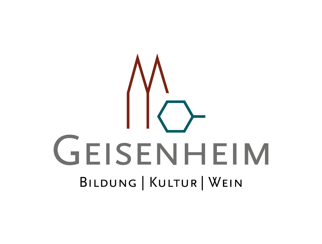 Logo der Stadt Geisenheim mit stilisierten roten Spitzdächern, blauem Hexagon und dem Schriftzug: Bildung, Kultur, Wein.
