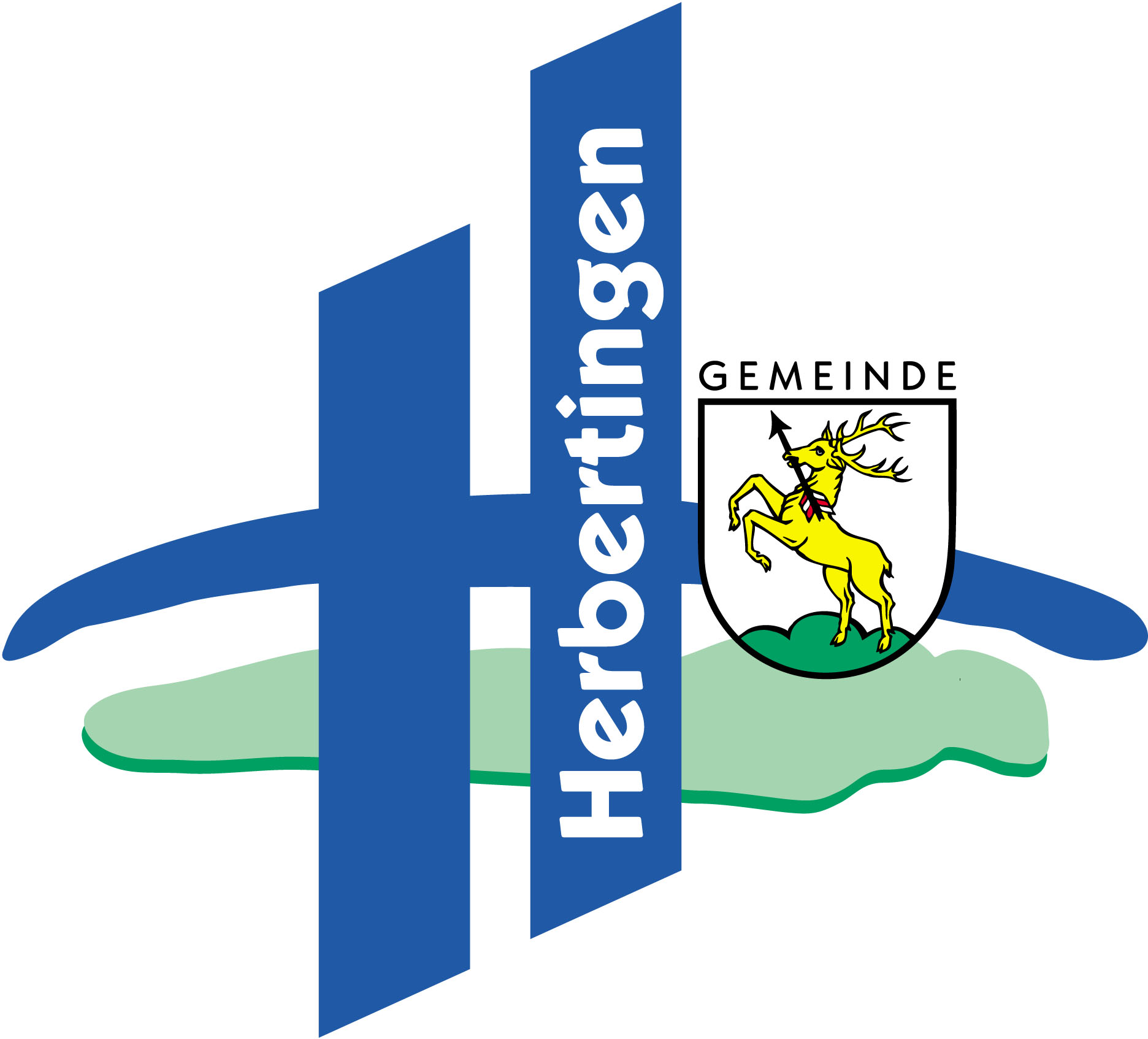 Logo der Gemeinde Herbertingen mit blauem H, grünem Landschaftselement und Wappen mit gelbem Hirsch auf weißem Schild.