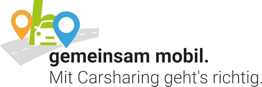 Logo mit zwei Standortmarkern und einem Auto auf einer Straße, links der Text gemeinsam mobil. Mit Carsharing geht's richtig.