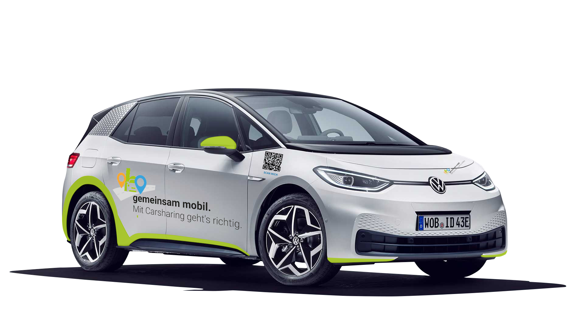 Silberner VW ID.3 mit grün-gelben Akzenten und Aufschrift ‚gemeinsam mobil. Mit Carsharing geht’s richtig.