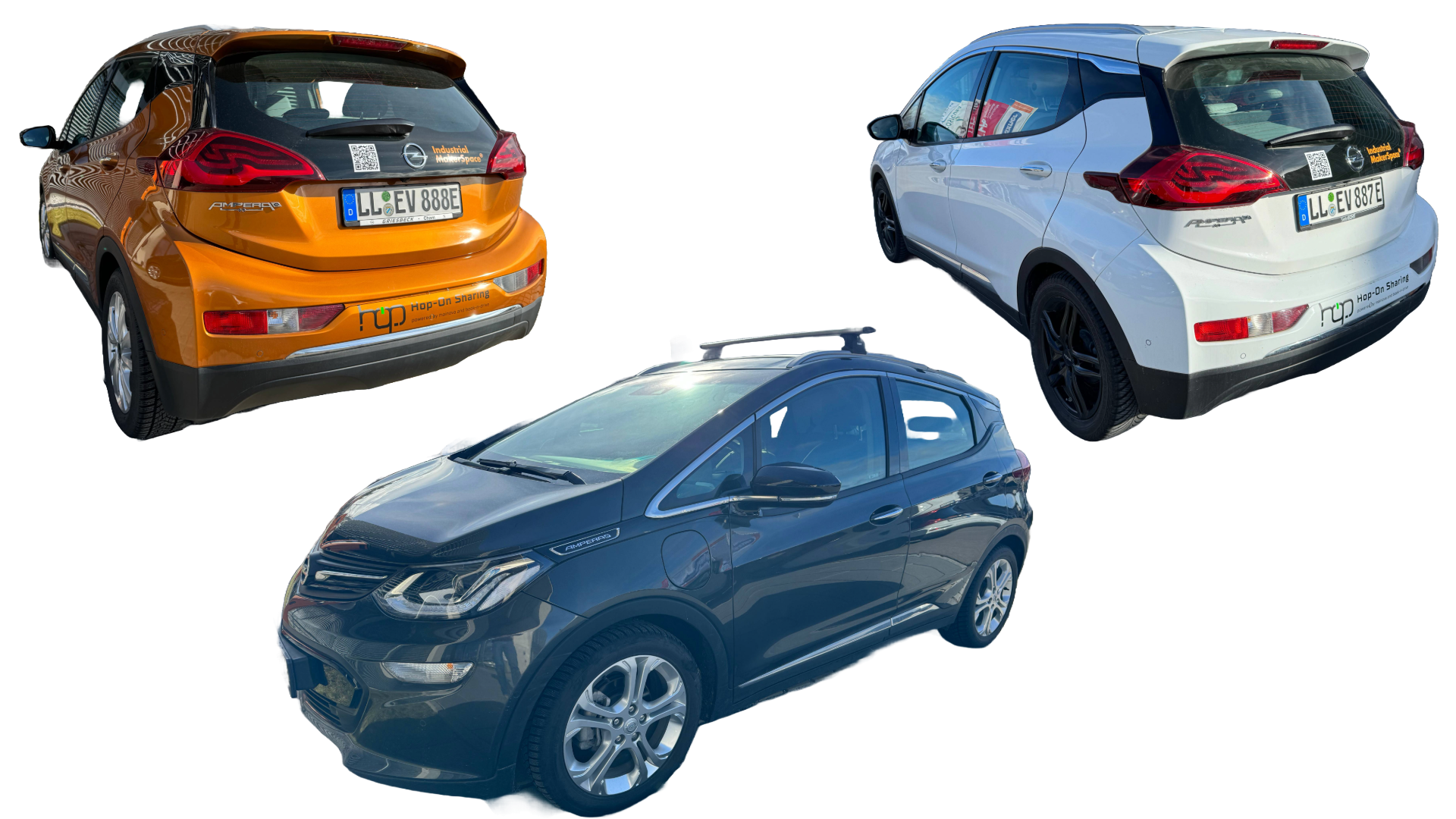 Drei Opel Ampera-e Elektroautos in Orange, Weiß, Schwarz, jeweils aus verschiedenen Perspektiven.