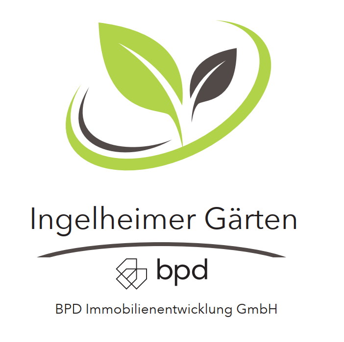 Logo für das Projekt „Ingelheimer Gärten“ mit stilisierten grünen und schwarzen Blättern, darunter Schriftzug und BPD