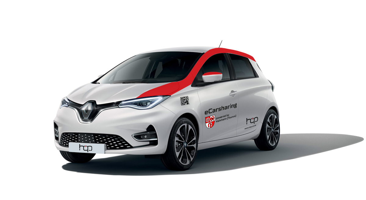 Weißer Renault Zoe mit roten Details und dem Logo der Stadt Kelkheim im Taunus und Hop on.