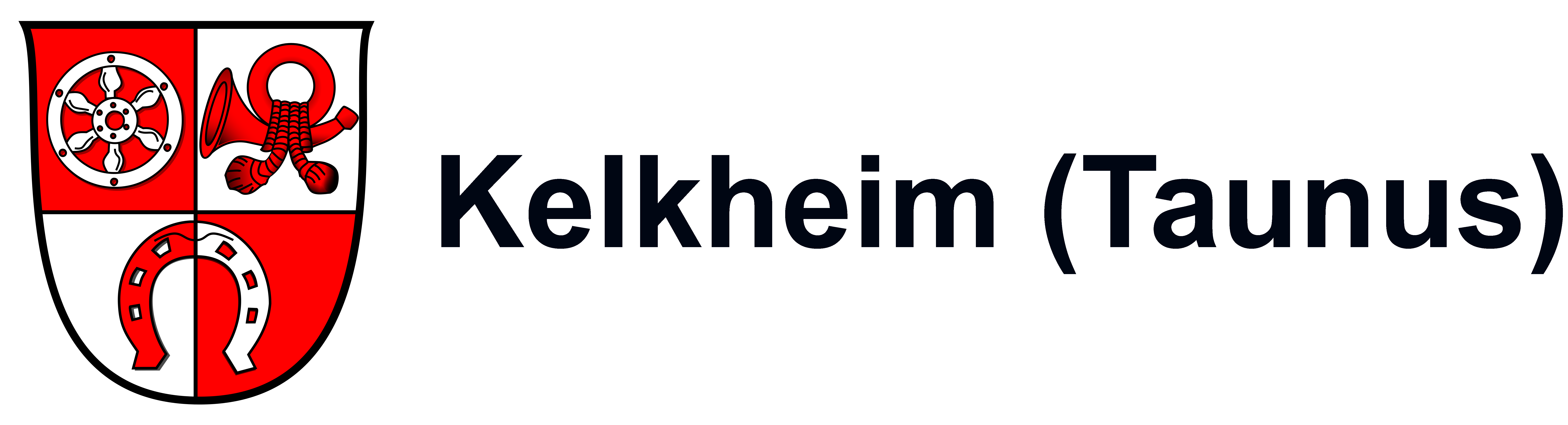 Logo der Stadt Kelkheim im Taunus mit rot-weißem Wappen, das ein Rad, ein Posthorn und ein Hufeisen zeigt.