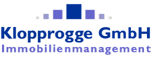 Klopprogge GmbH Immobilienmanagement Logo mit blau lila Schriftzug, kleine Rechtecke obendrüber, führt zur Startseite.
