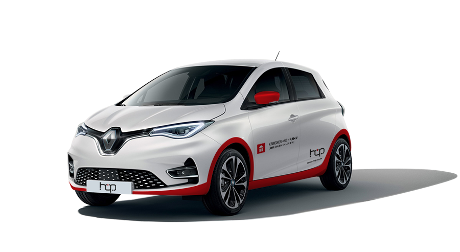 Weißer Renault Zoe mit Krieger + Schramm sowie dem Hop on Logo.