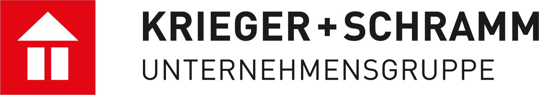 Krieger + Schramm Logo mit schwarzem Schriftzug, links weißes Haus auf rotem Hintergrund, führt zu Startseite.