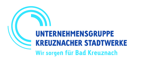 Logo der Unternehmensgruppe Kreuznacher Stadtwerke mit blauen Kreiselementen und Text: ‚Wir sorgen für Bad Kreuznach‘.