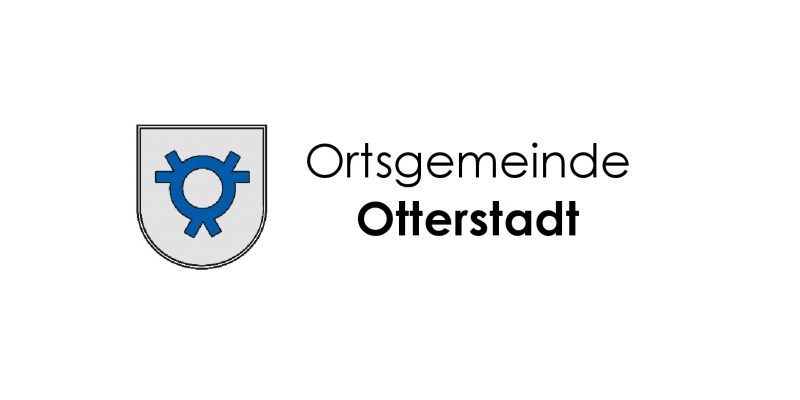 Logo der Ortsgemeinde Otterstadt mit grau, schwarzem Schriftzug, graues Wappenschild und blauem Zahnradsymbol.