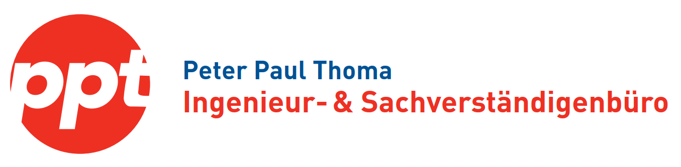 Logo des Ingenieur- und Sachverständigenbüros Peter Paul Thoma blau-rote Schrift, links roter Kreis und weißem Kürzel ‚ppt‘.