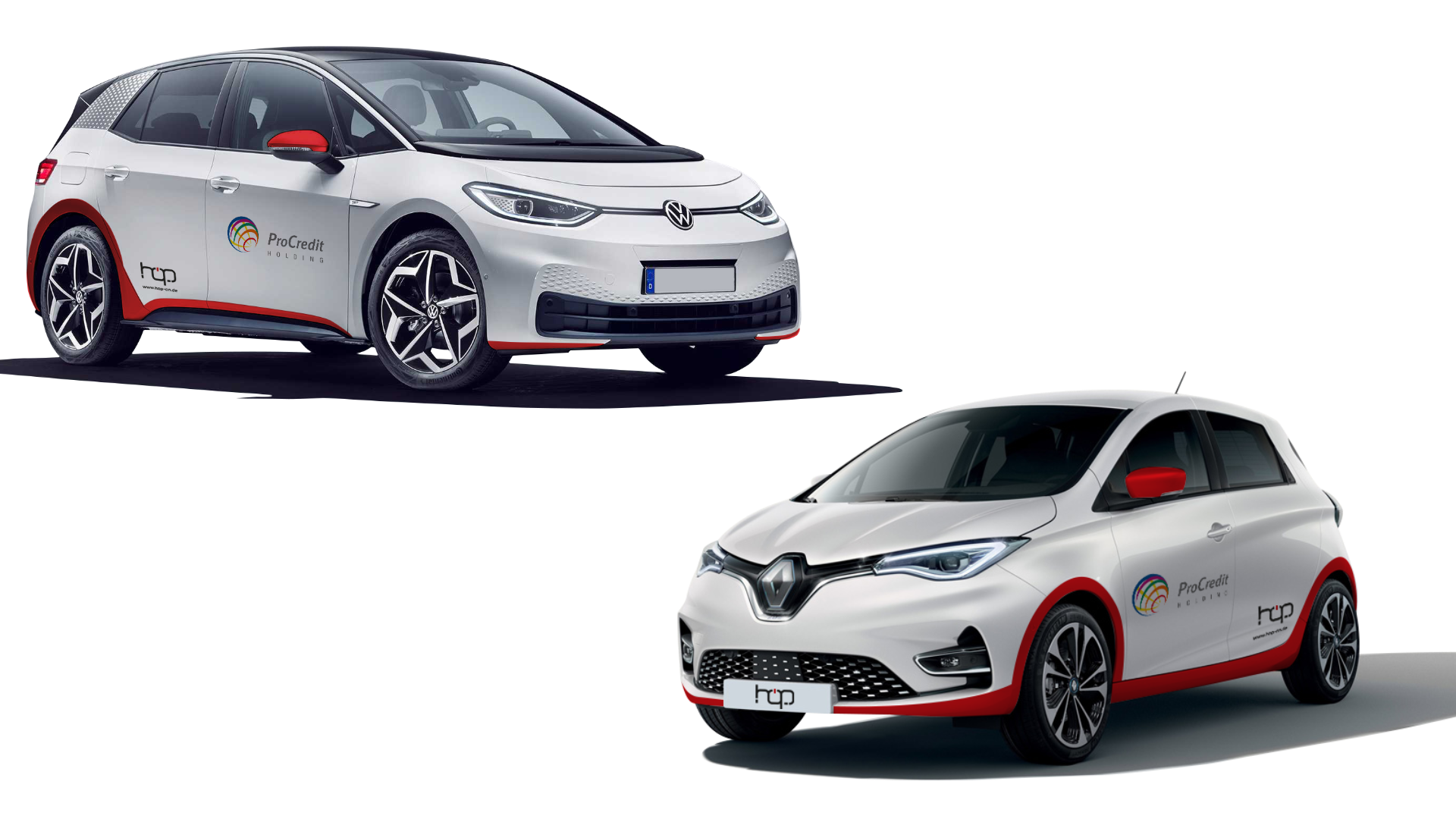 Ein weißer VW ID. und ein weißer Renault Elektroautos mit ProCredit Holding und Hop on Logo.