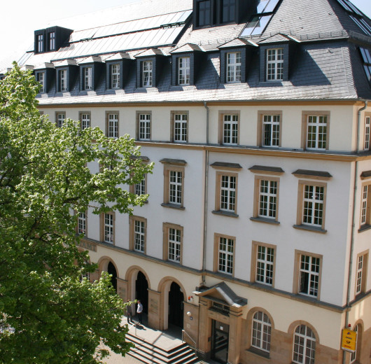 Stadtgebäude im alten Stil mit cremefarbenen Anstrich und schwarzem Dach, links teils von einem grünen Baum verdeckt.