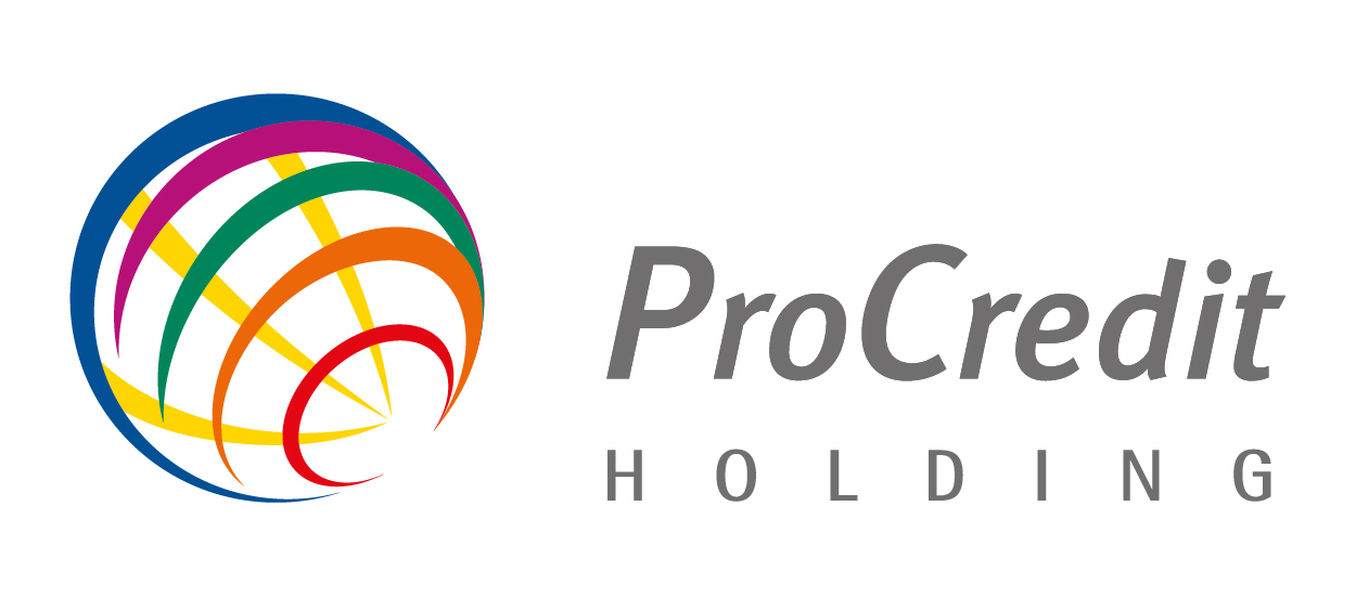 ProCredit HOLDING Logo mit Kugel aus bunten Strichen links davon, führt zur Startseite.