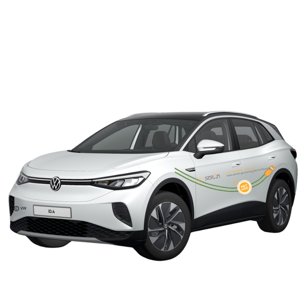 Weißer VW ID.4 mit Strom-Germering-Logo und grünen Linien auf der Seite, seitlich fotografiert.