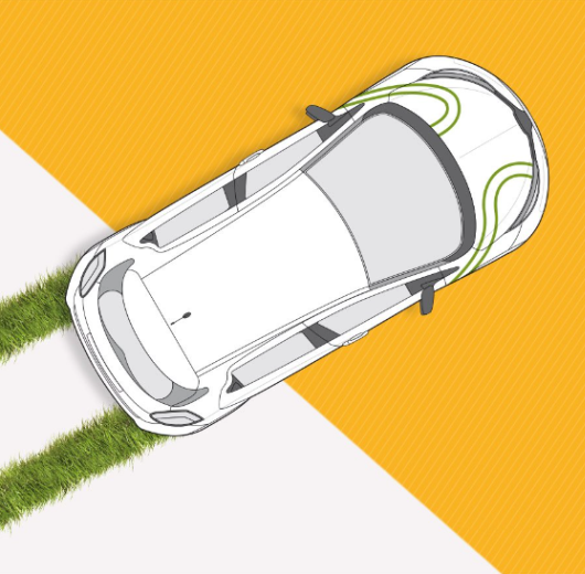Illustration eines weißen Autos, das auf einer Straße mit Grasstreifen fährt, vor einem diagonalen gelb-weißen Hintergrund.