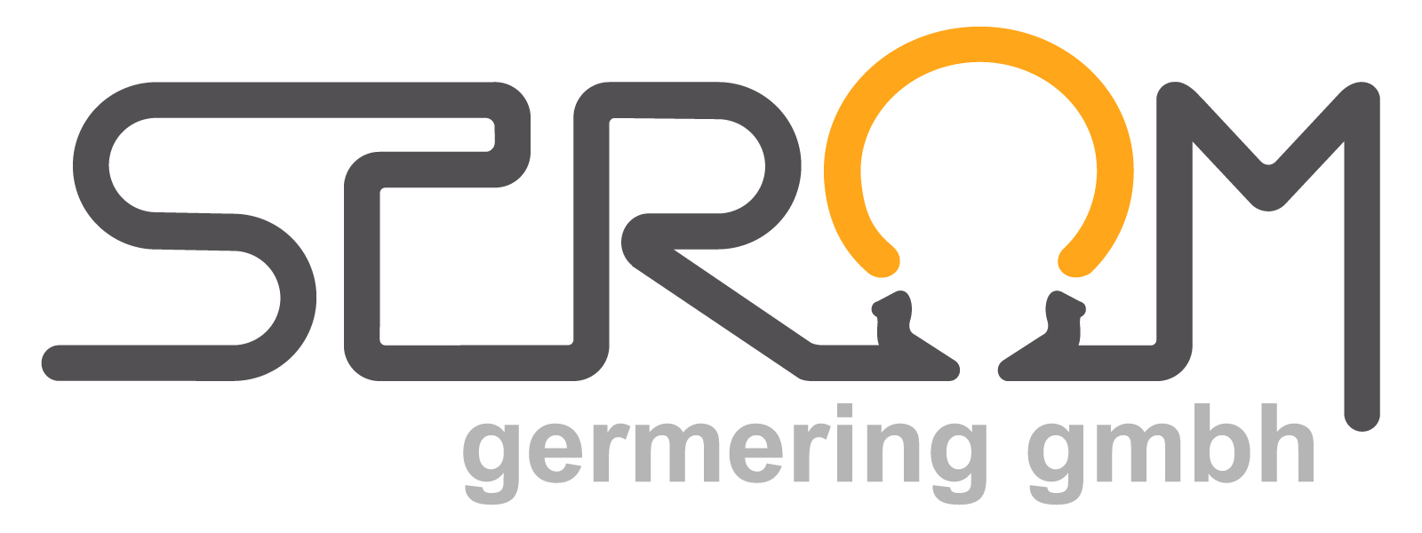Logo mit grauem Schriftzug STROM, wobei das O als gelber Stecker gestaltet ist, darunter der Text germering gmbh in Grau.