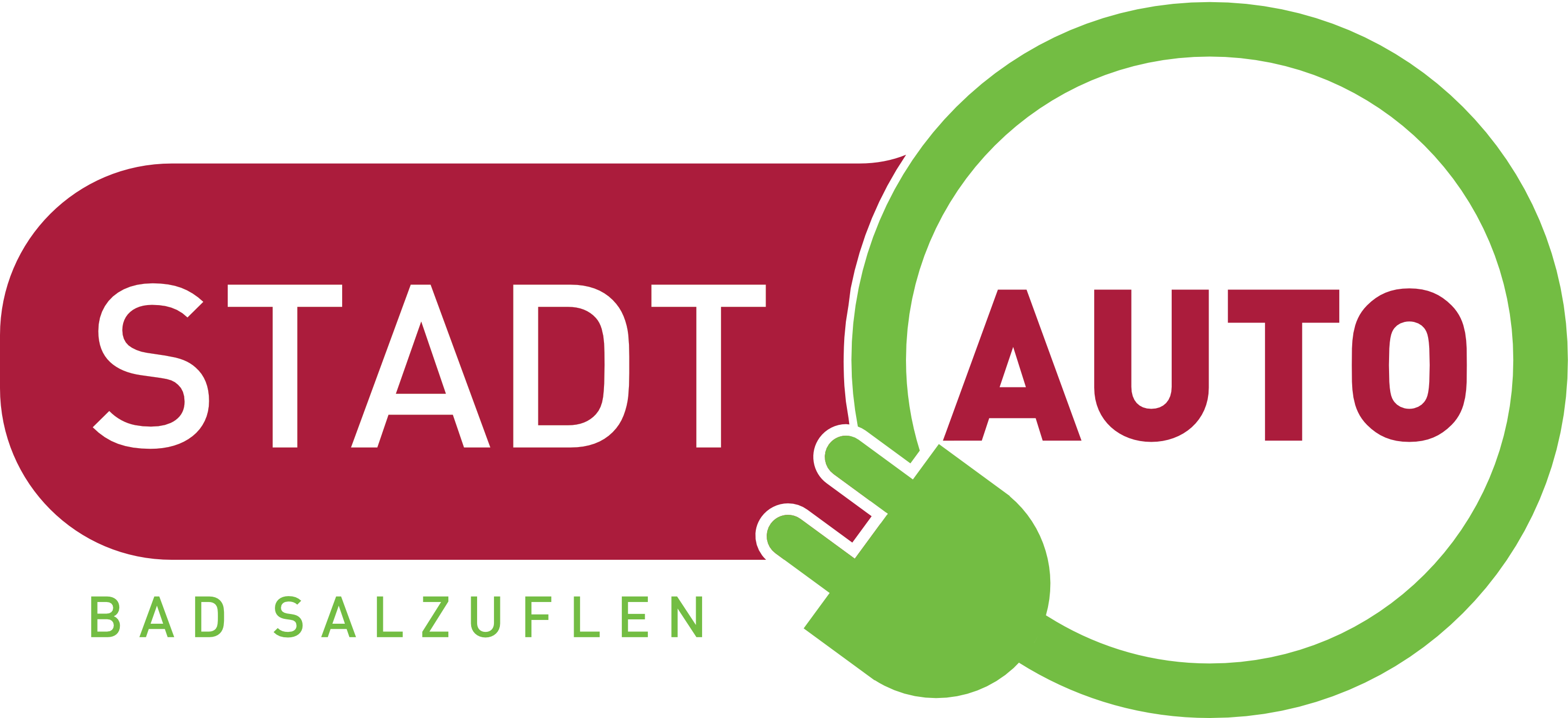 Logo StadtAuto Bad Salzuflen in Rot und Grün mit stilisiertem Stecker-Symbol für Elektromobilität und Carsharing.