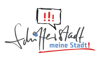 Sprechblase und drei Ausrufezeichen, darunter handschriftlicher Schriftzug ‚Schifferstadt‘ und Zusatz ‚meine Stadt!‘ in Blau.