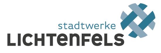 Logo mit dem Schriftzug ‚Stadtwerke Lichtenfels‘ in Schwarz und Blau, daneben ein Kreis aus verschlungenen blauen Balken.