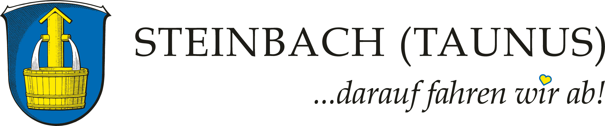 Logo der Stadt Steinbach im Taunus mit gelbem Brunnen auf blauem Hintergrund im Wappen und dem Slogan: …darauf fahren wir ab!