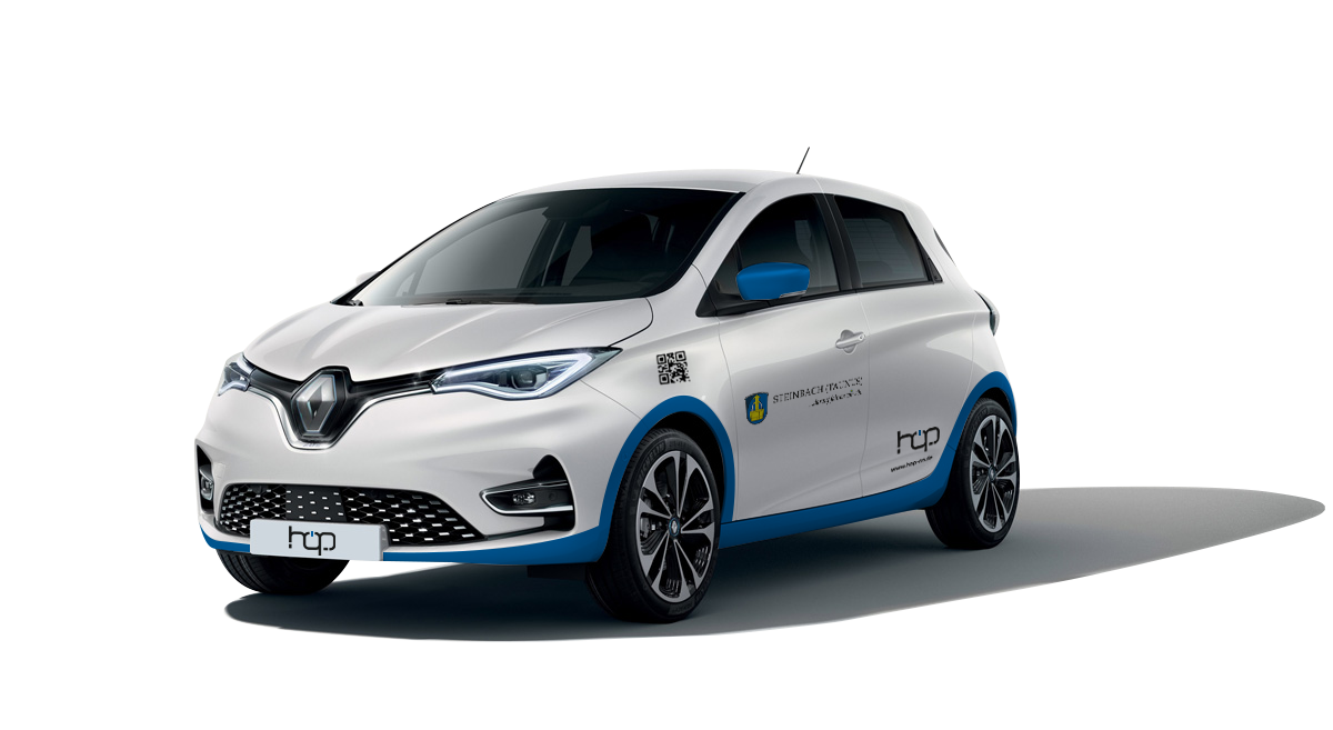Weißer Renault Zoe Logo von Steinbach im Taunus und Hop on.