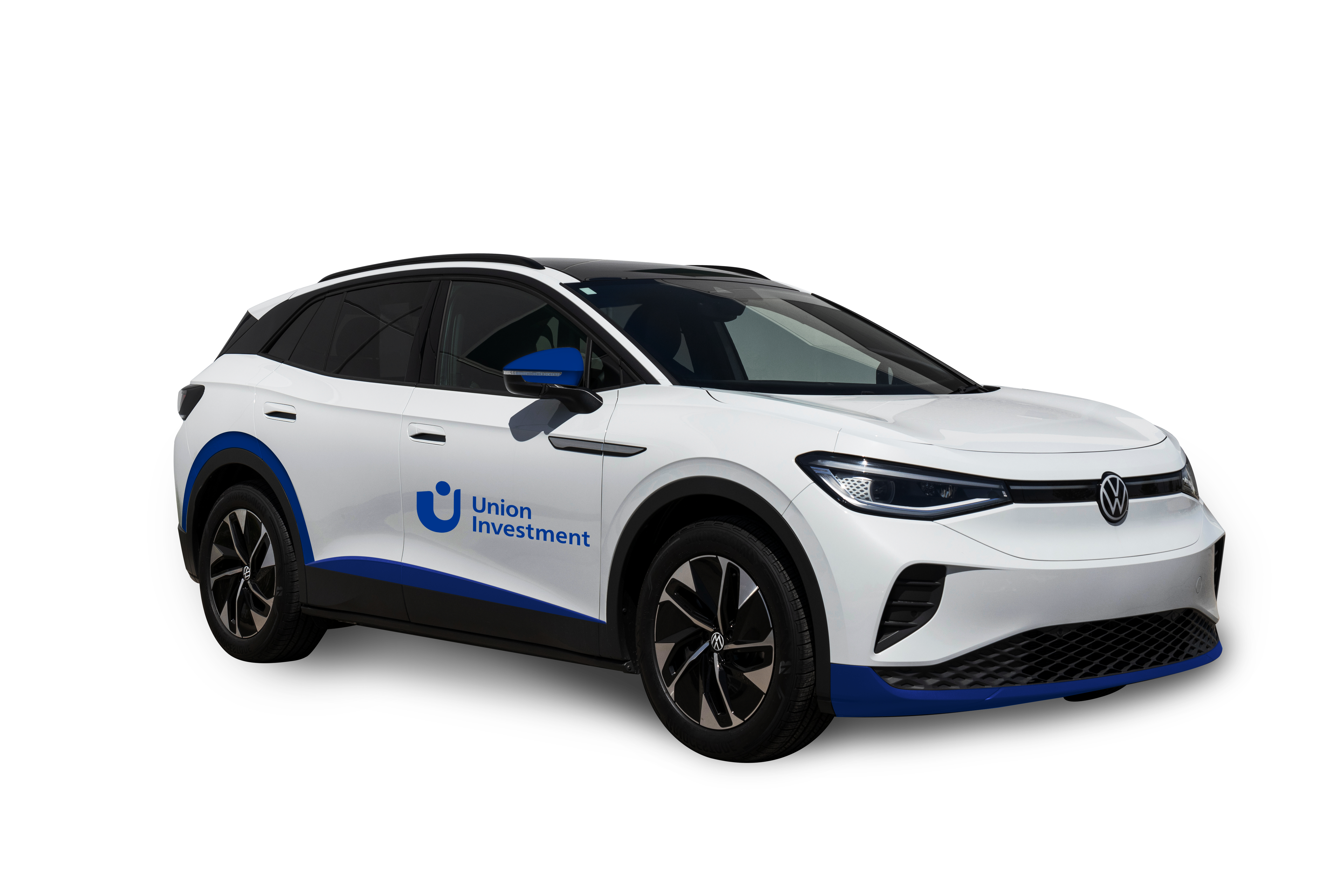 Weißer VW ID. mit Union Investment Logo.