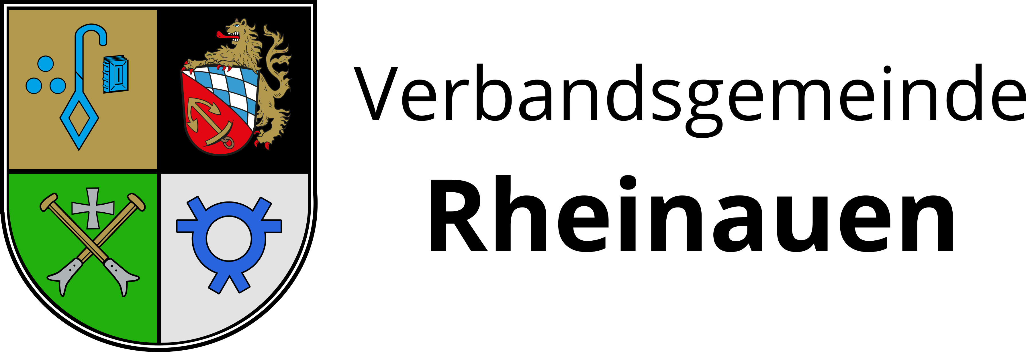 Logo der Verbandsgemeinde Rheinauen mit vierfarbigem Wappen und schwarzem Schriftzug des Gemeindenamens, führt zur Startseite