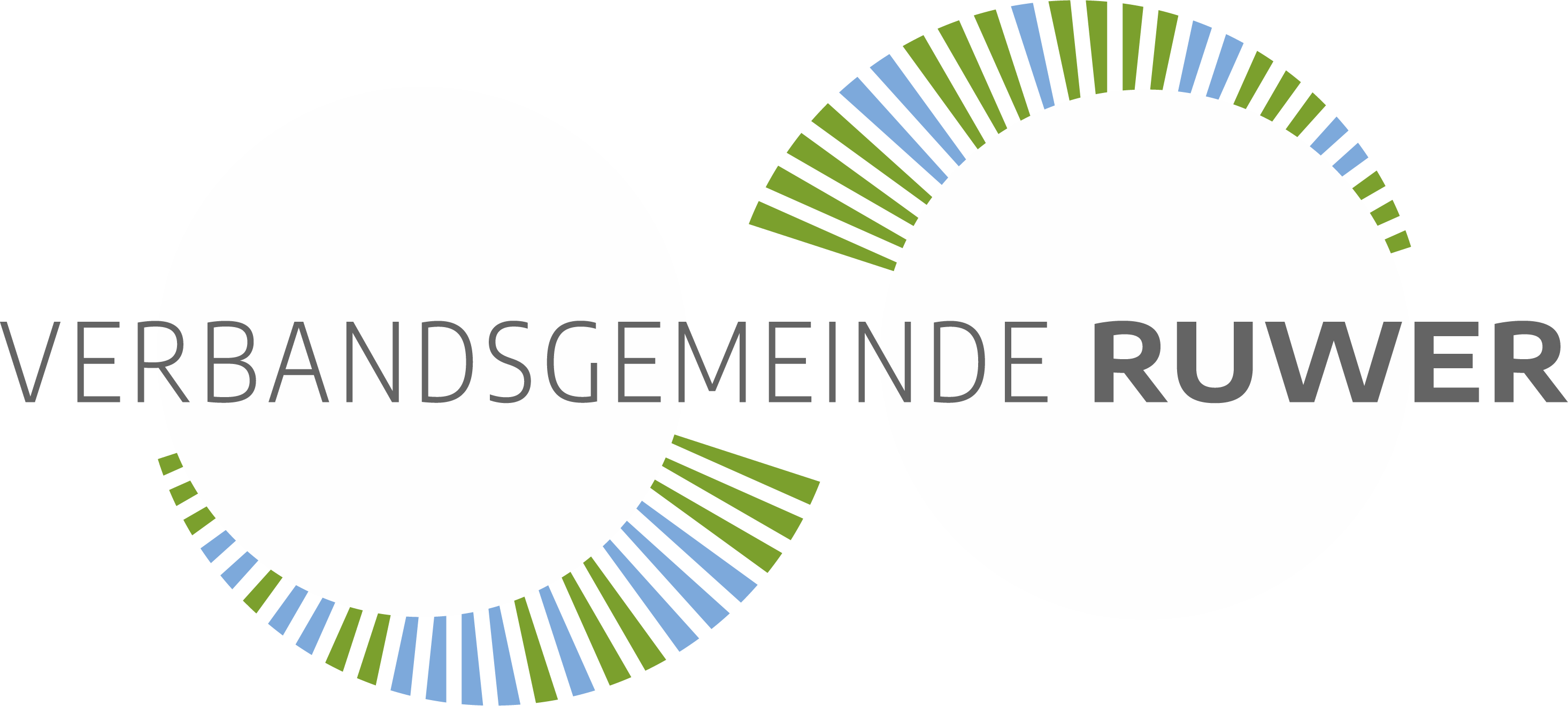 Logo der Verbandsgemeinde Ruwer mit Schriftzug und stilisierten grünen und blauen Linienbögen als modernes Erkennungszeichen