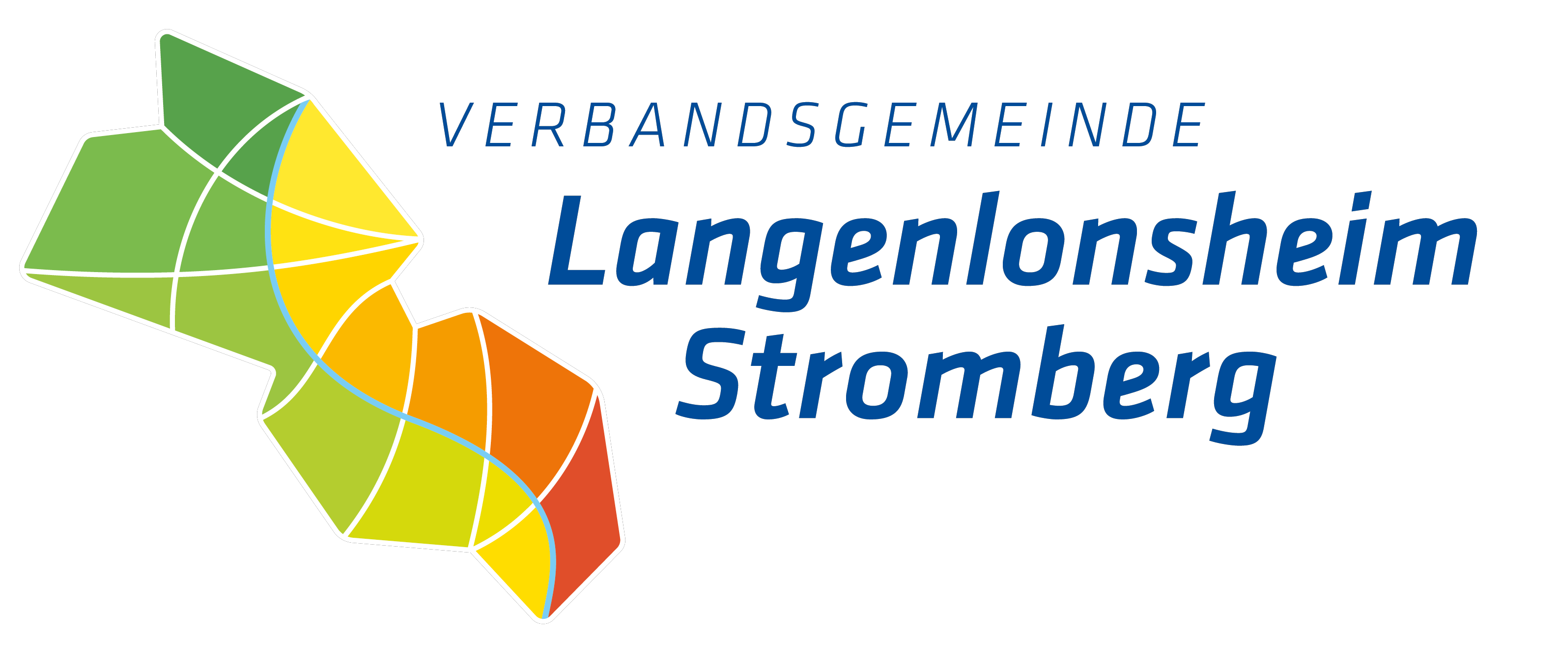 Logo Verbandsgemeinde Langenlonsheim-Stromberg mit farbigem grafischem Element Grün, Gelb und Orange und blauem Schriftzug