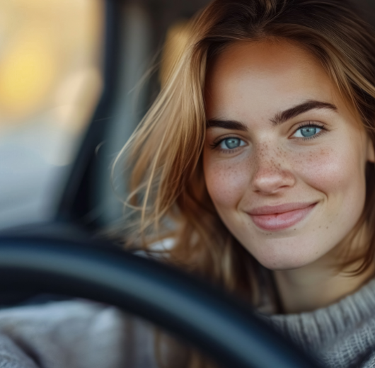 Person sitzt am Steuer eines Autos und trägt einen Strickpullover, bereit für die Fahrt im eCarsharing-Fahrzeug